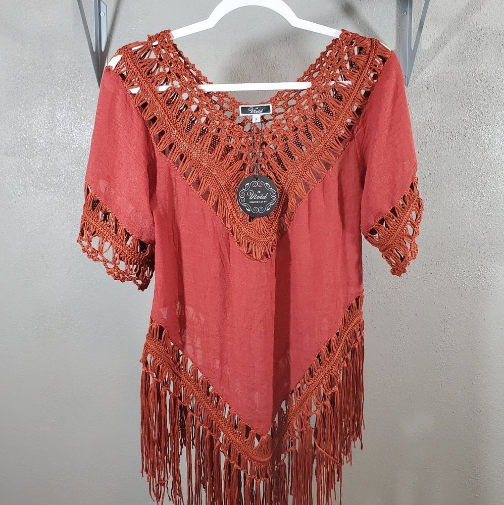 Beautiful Crochet Fringe Rust Top